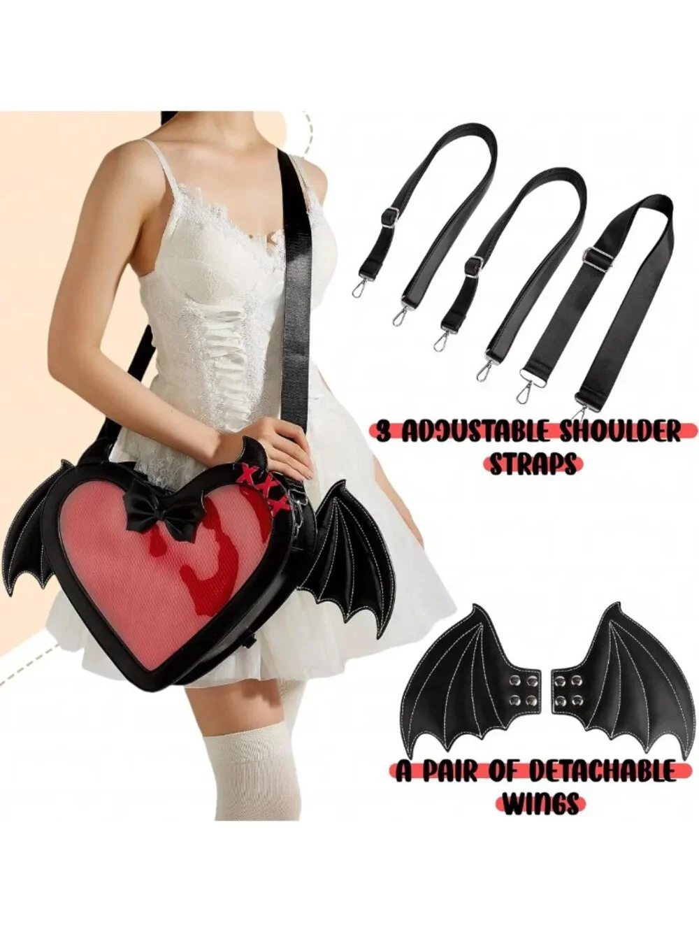 Gothic Heart Ita Bag Backpack Crossbody Purse with Bat Wings - Stylish & Unique